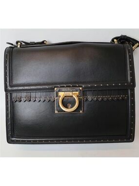 Salvatore Ferragamo Black Leather Shoulder Bag with Gold Gancini